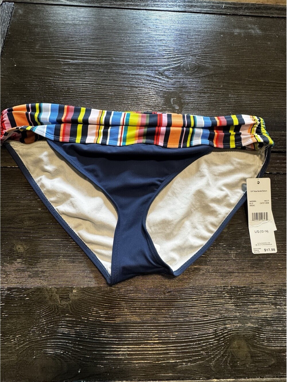 Catalina Swimwear Bikini Bottom NWT LG 12-14 Multicolor Stripe Banded Waist Navy